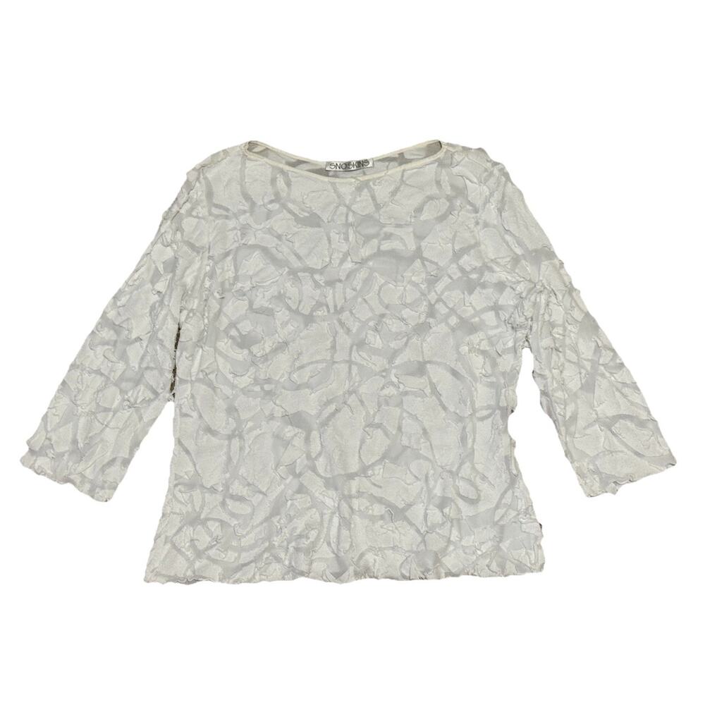 Snoskins White Textured 3/4 Sleeve Top Sz XL Wide Neck Fitted Art-to- Wear Shirt